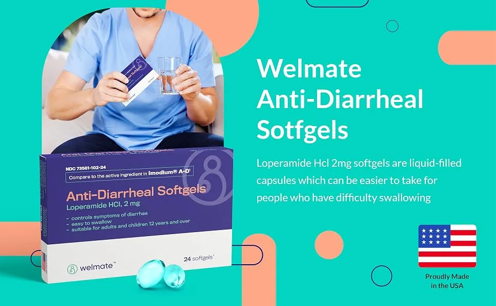 Welmate Anti-Diarrheal Softgels | Loperamide HCL 2 mg | 24 Count Blister Pack | Diarrhea Symptom Relief - Softgels