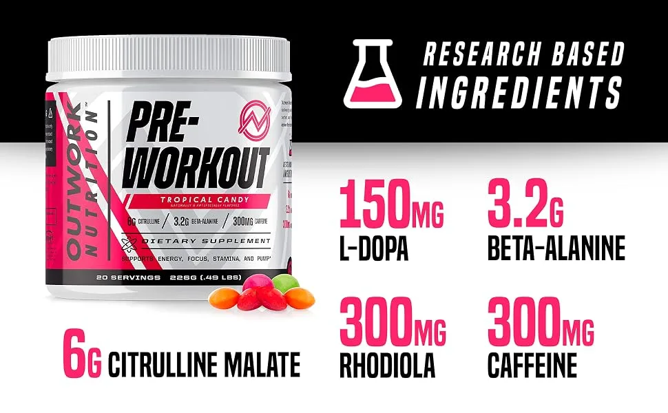 Outwork Nutrition Pre-Workout Supplement with Nootropics - Energy & Mental Focus for Better Workouts - Backed by Science (Tropical Candy, 226 Grams) - preworkoit workput workiut ripped serving standard legend female preworkput gym workour preworks pre