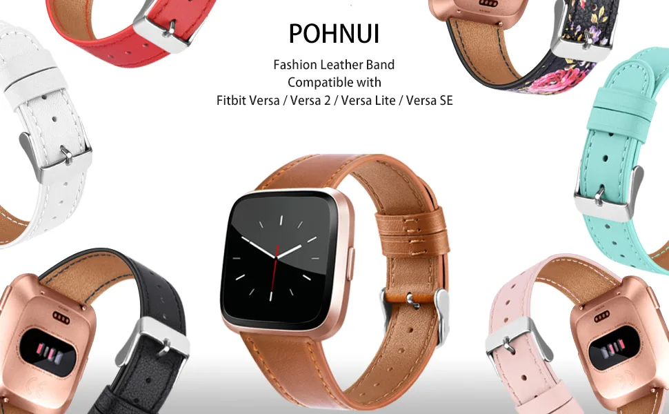 POHNUI 3 Pack Leather Bands Compatible with Fitbit Versa 2/Versa/Versa Lite/Versa SE for Women Men, Adjustable Soft Leather Replacement Strap Wristband for Fitbit Versa Smart Watch Green+Pink+Gray - fitbit versa 2 bands
