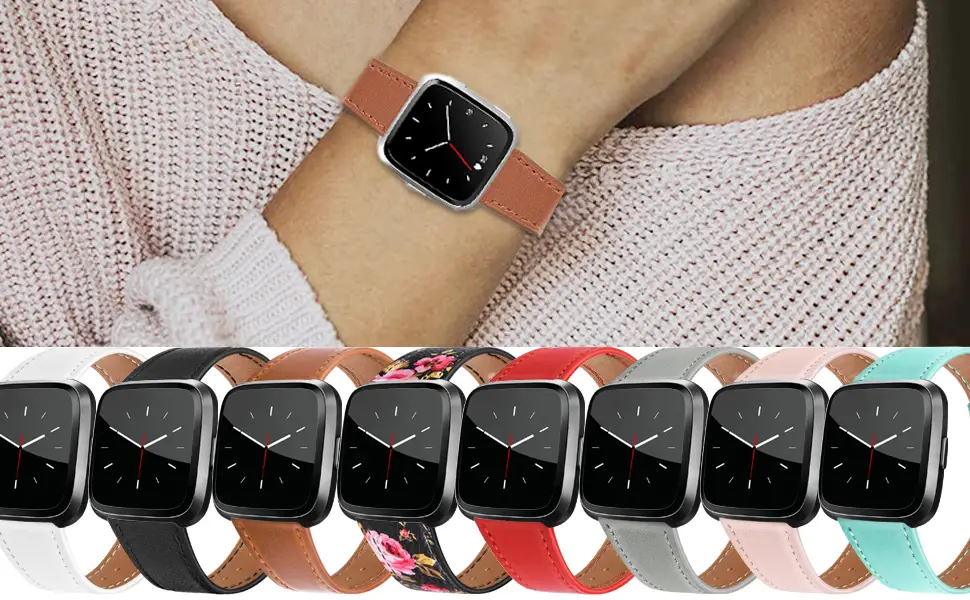 POHNUI 3 Pack Leather Bands Compatible with Fitbit Versa 2/Versa/Versa Lite/Versa SE for Women Men, Adjustable Soft Leather Replacement Strap Wristband for Fitbit Versa Smart Watch Green+Pink+Gray - versa 2 band leather