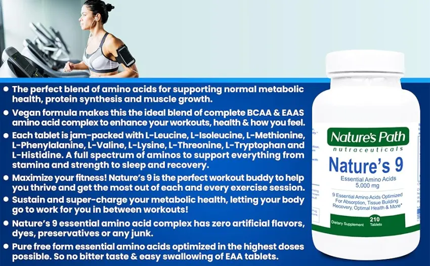 Essential Amino Acids EAA Supplement Complete Amino Acid Complex Pills BCAA + EAAS Tablets: Vegan, A PerfectAmino, Pre Workout, 9 Free Form, Muscle Recovery, Cognitive, Cravings, 210 Pills - Nature