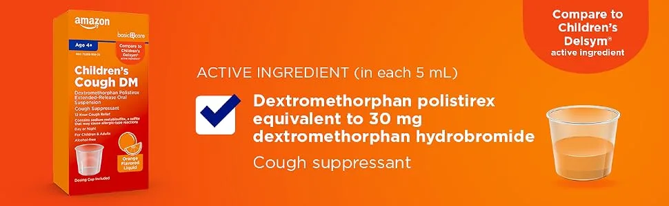 Amazon Basic Care Children's Cough Suppressant DM, Orange Flavor Medicine for Kids, 5 Fl Oz - compare active ingredient banner