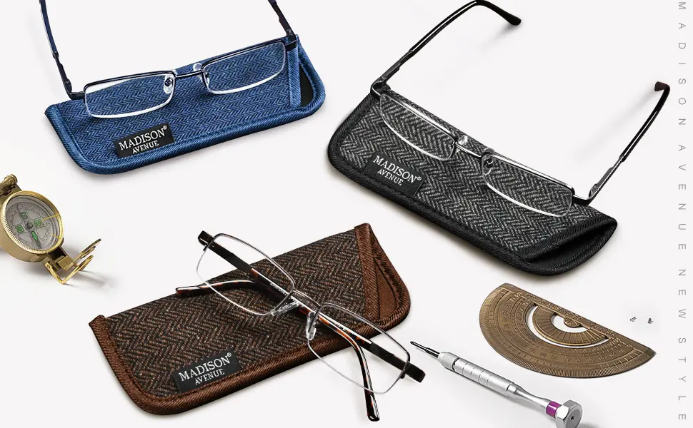 Madison Avenue 3 Pack Metal Half Frame Blue Light Blocking Reading Glasses for Men Spring Hinge +0.0 Mix Color 0.0 x - 3pack metal reading glasses for mens with blue light blocking