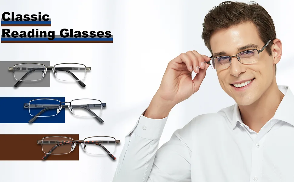 Madison Avenue 3 Pack Metal Half Frame Blue Light Blocking Reading Glasses for Men Spring Hinge +0.0 Mix Color 0.0 x - anti blue light metal reading glasses for men spring hinge for computer reading TV digital phones