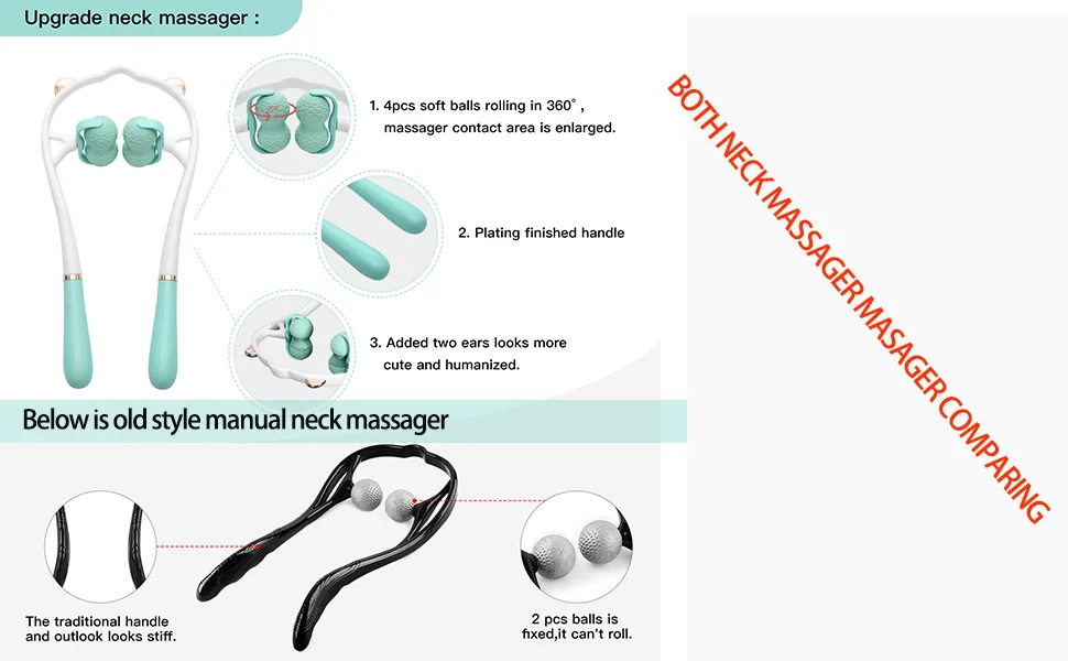Veewook Upgrade 360° Dual Roller Ball Rolling Manual Neck Massager Tool,Handheld Pressue Point Neck Shoulder Massager with Roller Balls Green - Both styles neck massager manual comparing