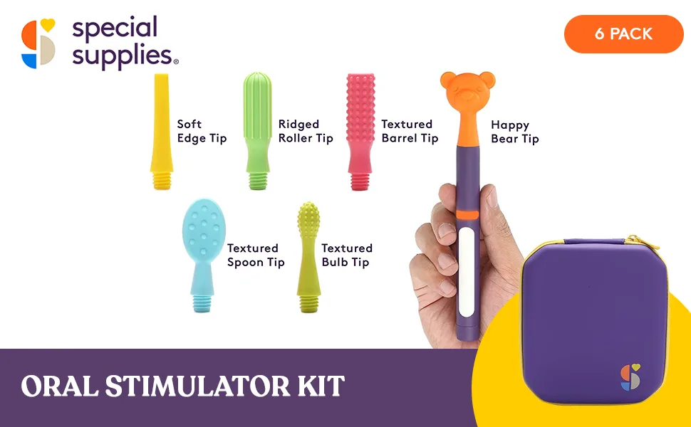 Special Supplies Buzz Buddy Oral Stimulation kit with 6 Soft Textured Interchangeable Heads, Calm Sensory Needs, Support Speech, and Stimulate Self Feeding, Gentle Vibrations - Oral Stimulator Kit