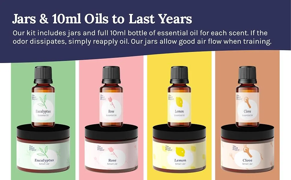 The Smell Project Smell Training Kit - Essentials - Olfactory Training Kit with 10ml Real Essential Oils - Smell Therapy for Smell Loss - Full bottles of essential oils will last years, easy to use jars.