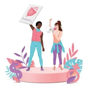 Ecoblossom Menstrual Cup Cleaner - Unscented Foaming Sterilizer Wash for Silicone Period discs - Wipes Clean, Organic Ingredients, Natural, pH-Balanced - 5oz - small menstrual cup period equity sign and woman diva with arm flex on disc stage