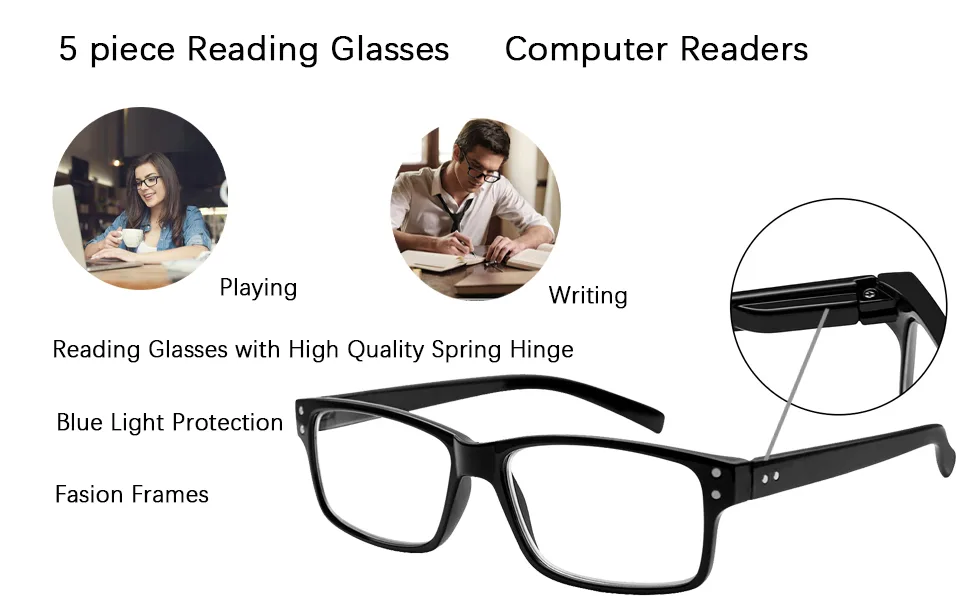 5 Pairs Reading Glasses Quality Readers Spring Hinge Glasses for Men Women Blue Light Blocking Anti Glare (Black, 1.50) Black 1.5 x - STASTEND Reading glasses