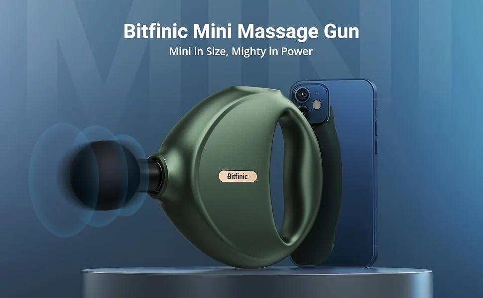 Bitfinic Mini Massage Gun Portable Deep Tissue Percussion Muscle Back Massager for Pain Relief with 4 Massage Heads 4 Speed High-Intensity Green - PCA003