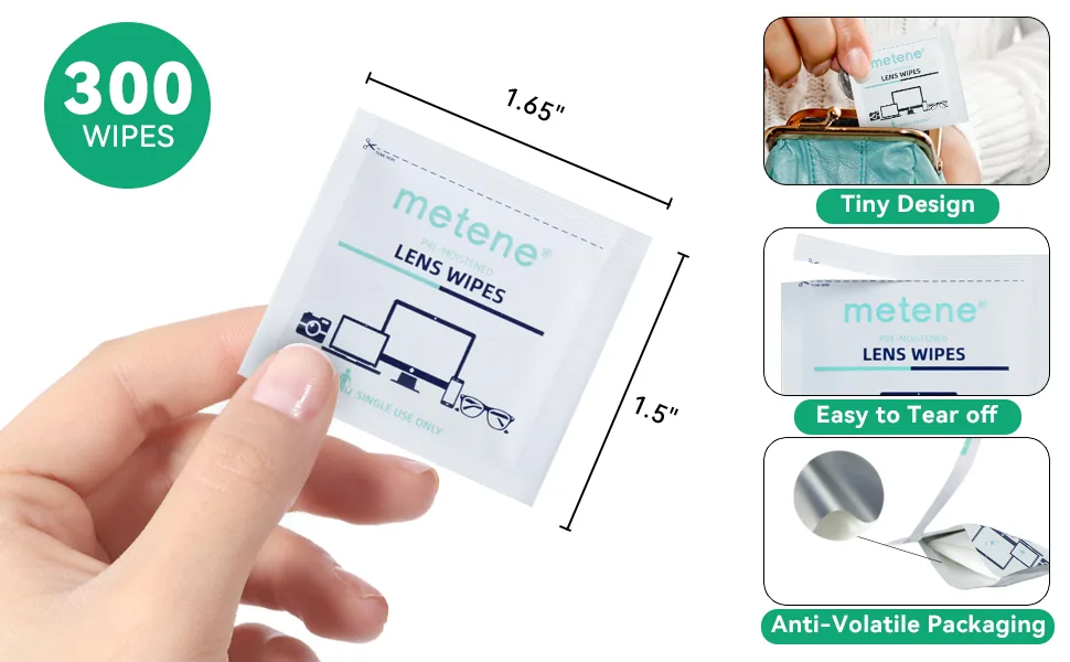 Metene 300 Pack Lens Cleaning Wipes, Pre-Moistened and Individually Wrapped Eyeglass Wipes, Glasses Cleaner for Eyeglasses, Camera Lens, Tablets, Phone, Computer Screen and Other Delicate Surfaces - lens wipes