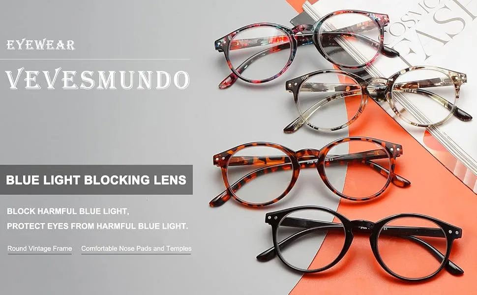 VEVESMUNDO Blue Light Reading Glasses Computer Readers for Women Men 4 Pcs Eyeglasses - Blue Light Blocking 2.0 x - spring hinge reading glasses,plastic reading glasses women,blue light filter glasses magnification