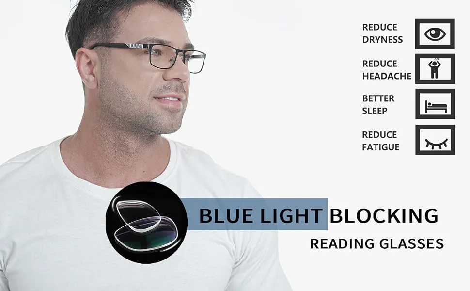 4 Pack Reading Glasses for Men Blue Light Blocking, Anti Blue Ray Metal Computer Readers, Reduce Eyestrain Headache, Flexible Spring Hinge, Magnification Strength 1.50 (1 Sun Reader Glasses Included) 4 Mixed Color (Include… - product information 4