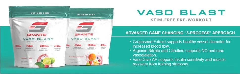 Granite® Vaso Blast Advanced 'Stim-Free' Pre-Workout (Cherry Lime) | Supports Vasodialation, NO Conversion, & ACE Inhibition for Max Pump with Grapeseed Extract, Arginine Nitrite, & VasoDrive-AP® - vaso blast stim free preworkout