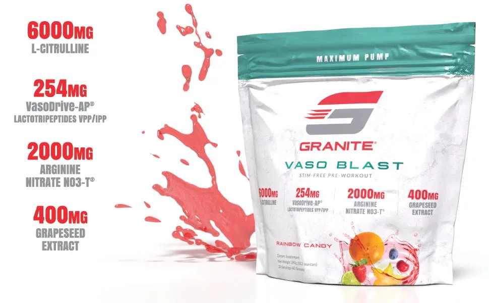 Granite® Vaso Blast Advanced 'Stim-Free' Pre-Workout (Cherry Lime) | Supports Vasodialation, NO Conversion, & ACE Inhibition for Max Pump with Grapeseed Extract, Arginine Nitrite, & VasoDrive-AP® - vaso blast stim free preworkout