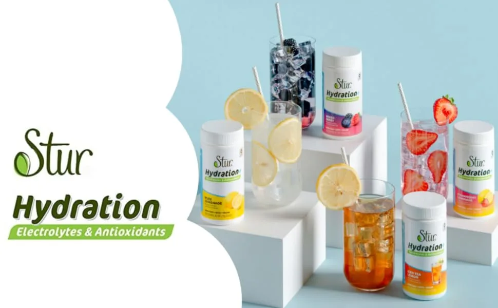 Stur Electrolyte Hydration Powder | Lemon Tea | Sugar Free | 100 Servings | High Antioxidants & B Vitamins | Non-GMO | Daily Hydration & Workout Recovery | Keto | Vegan(10.7 oz) - Powder Canisters with all flavors