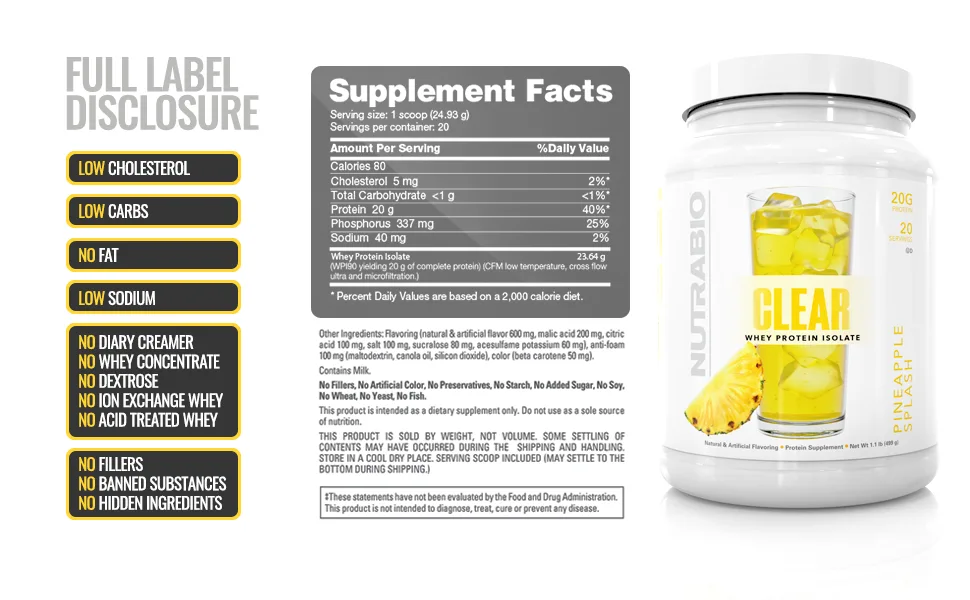 NutraBio Clear Whey Protein Isolate – Pure Whey Isolate for Men and Women, Delicious Fruit Flavors – Non-GMO, Zero Lactose - Pineapple Splash, 20 Servings - low carbs no fat low cholesterol low sodium