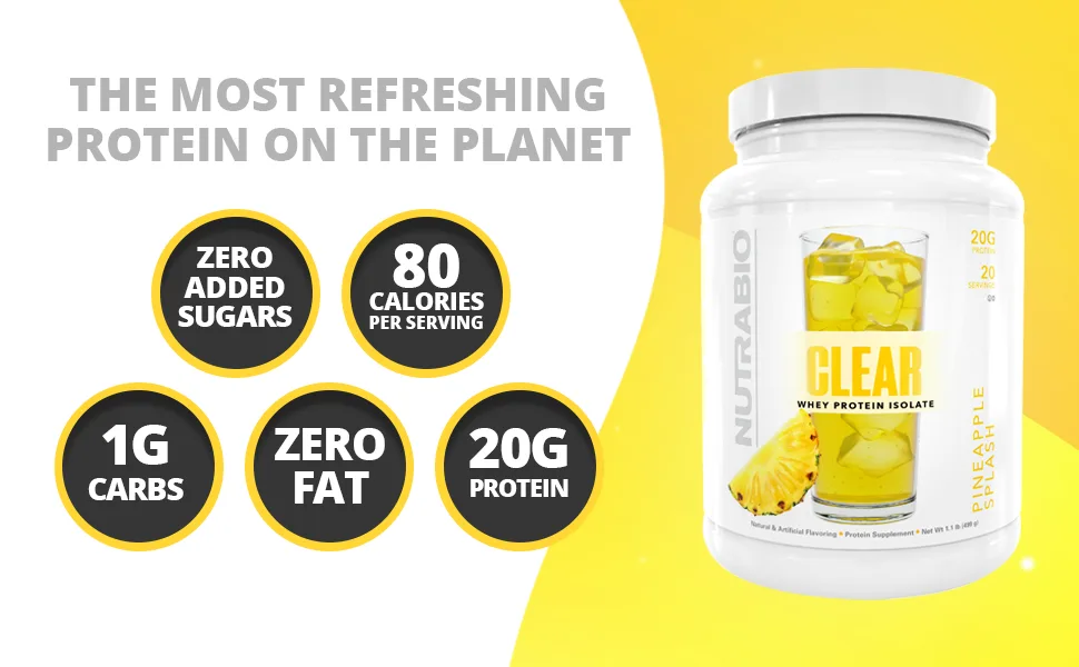 NutraBio Clear Whey Protein Isolate – Pure Whey Isolate for Men and Women, Delicious Fruit Flavors – Non-GMO, Zero Lactose - Pineapple Splash, 20 Servings - zero added sugar fat 20g protein 1g carb low calories