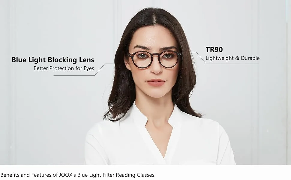 JOOX Blue Light Blocking Reading Glasses for Women, Round Anti Glare Readers with Spring Hinge Brown Tortoise 2.0 x - model