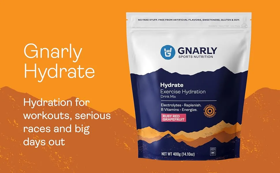 Gnarly Nutrition, Hydrate Electrolyte Powder with B Vitamins and Trace Minerals to Support Workouts, Ruby Red Grapefruit, 40 Servings - Gnarly Hydrate Hydration for workouts, serious races and big days out