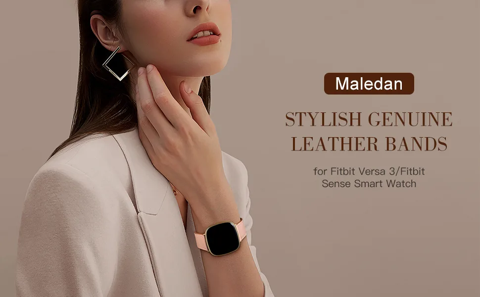 Maledan Compatible with Fitbit Versa 3/Fitbit Sense Bands for Women Men, Soft Stylish Durable Genuine Leather Band Slim Strap Replacement Accessories with Rose Gold Buckle, Red - Maledan Genuine Leather Band Compatible with Fitbit Versa 3/Fitbit Sense Bands Women Men