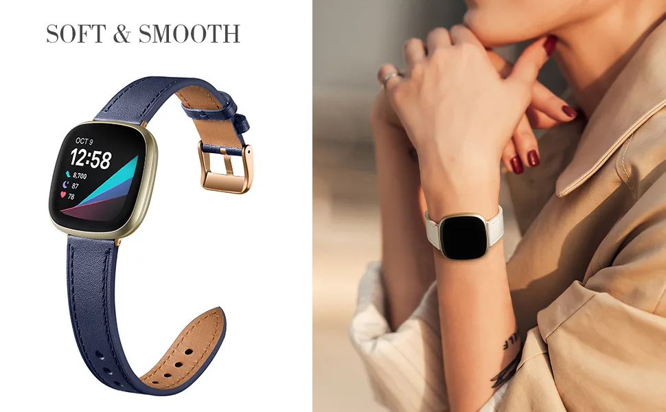 Maledan Compatible with Fitbit Versa 3/Fitbit Sense Bands for Women Men, Soft Stylish Durable Genuine Leather Band Slim Strap Replacement Accessories with Rose Gold Buckle, Red - Maledan Soft Genuine Leather Band for Fitbit Sense/Fitbit Versa 3 Bands for Women Men