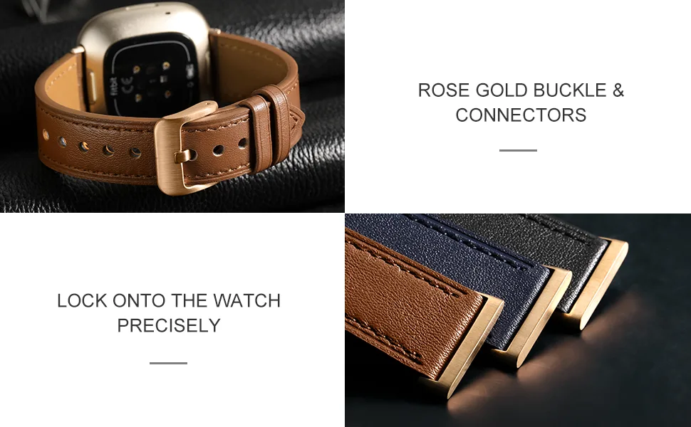 Maledan Compatible with Fitbit Versa 3/Fitbit Sense Bands for Women Men, Soft Stylish Durable Genuine Leather Band Slim Strap Replacement Accessories with Rose Gold Buckle, Red - Maledan Soft Genuine Leather Band for Fitbit Versa 3/Fitbit Sense Bands for Women Men