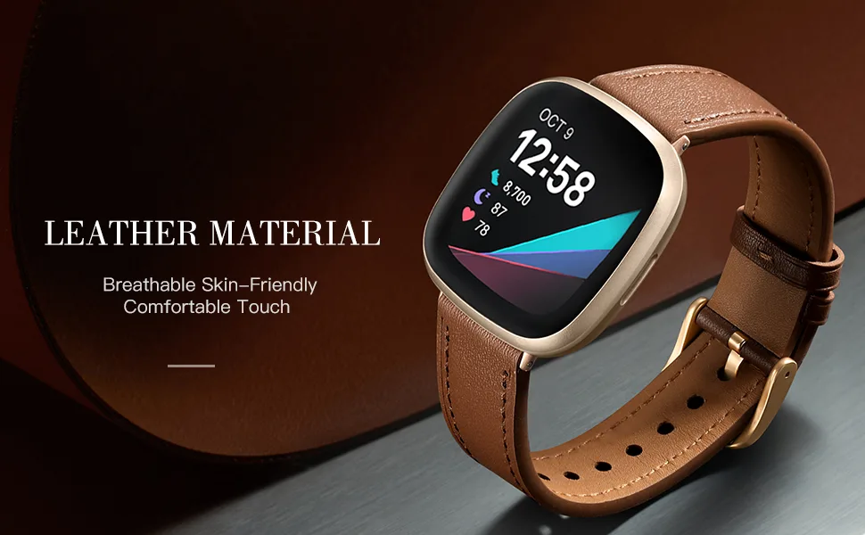 Maledan Compatible with Fitbit Versa 3/Fitbit Sense Bands for Women Men, Soft Stylish Durable Genuine Leather Band Slim Strap Replacement Accessories with Rose Gold Buckle, Red - Maledan Soft Genuine Leather Watch Band for Fitbit Versa 3/Fitbit Sense Bands Women Men