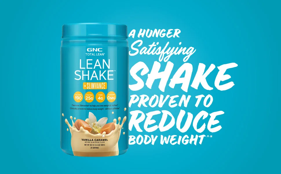 GNC Total Lean Shake + Slimvance | Caffeine Free Protein Powder, Helps Reduce Body Weight | Vanilla Carmel | 20 Servings - Hunger satisfying shake proven to reduce body weight. Lean Shake + Slimvance Vanilla Caramel product
