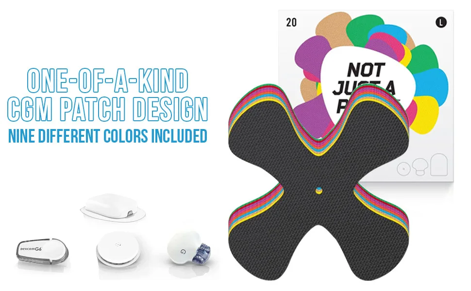 Not Just A Patch X-Patch CGM Sensor Patches (20 Pack)- Water Resistant & Durable for Active Lifestyle for 10-14 Days- Dexcom G6 Adhesive Patches, Omnipod & Freestyle Libre 2 Sensor Covers- Multi Color Multi Colored - Your Patch, Your Way One-of-a-kind CGM patch design. Nine different colors included.