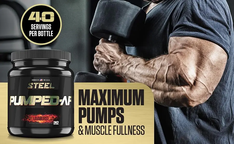 Steel Supplements Pumped-AF Pre Workout Powder with N.O.7, 6g L-Citrulline & Creatine Monohydrate | Non Stimulant, Caffeine Free, Increase Blood Flow & Hydration | 30 Servings (Strawberry Watermelon) - Pumped AF Pre workout