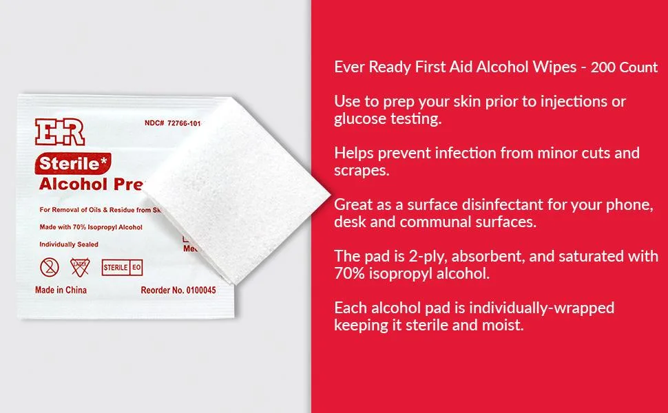 Ever Ready First Aid Alcohol Prep Pads, Medium 2-Ply Alcohol Wipes, individually wrapped Swabs, Saturated With 70% Isopropyl Alcohol - 200 Count - Alcohol Prep Pad Header image 200 count