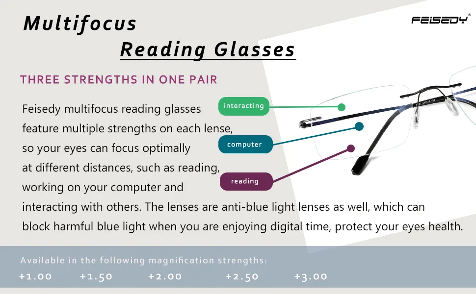 FEISEDY Rimless Progressive Multifocus Anti-Blue Light MEN Reading Glasses Computer Reader B9002(Black, 2.0x) Black 2.00x - product information 2