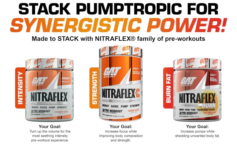GAT Sport Pumptropic Mega-Pump & Laser Focus Potent Enhancing Powder (Stimulant-Free), 40 Servings (Pineapple Orange Guava) - Stack Pumptropic for Synergistic Power!