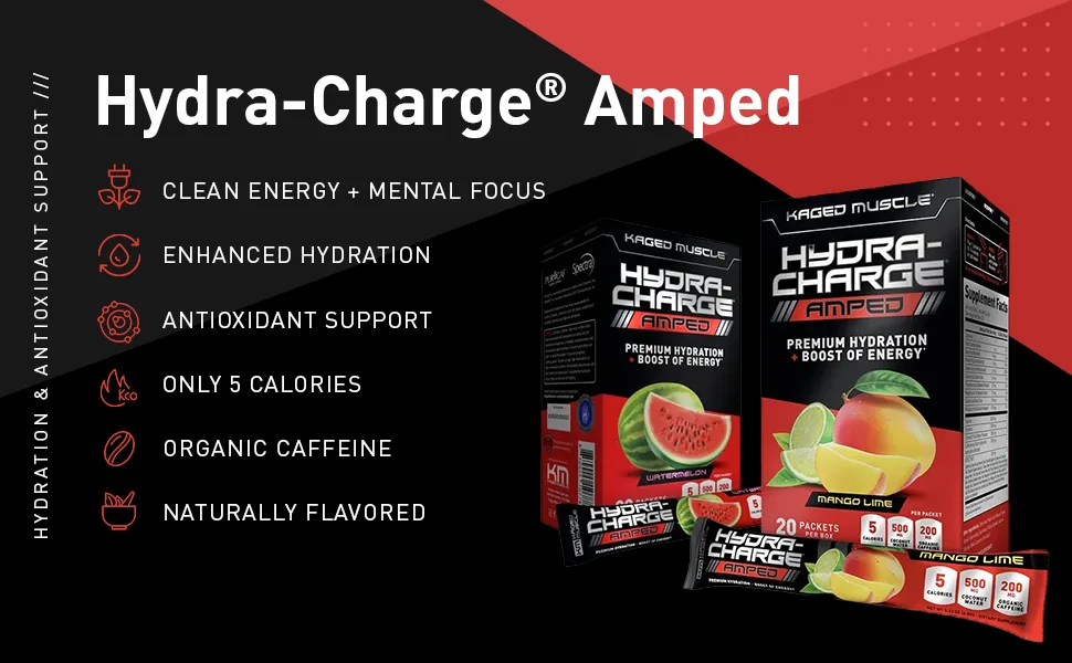Electrolytes, Kaged Muscle Hydra-Charge Amped Electrolyte Powder Packet, Hydration Electrolyte Powder, Pre Workout, Post Workout, Intra Workout, Watermelon (Caffeinated), 20 Individual Servings Watermelon (Caffeinated) 20 … - Amped
