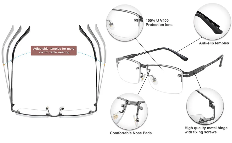 WANWAN Half Frame Progressive Multifocus Blue Light Blocking Reading Glasses Anti-Reflective Metal Frame Men Readers Coffe 2.5 x - metal reading glasses