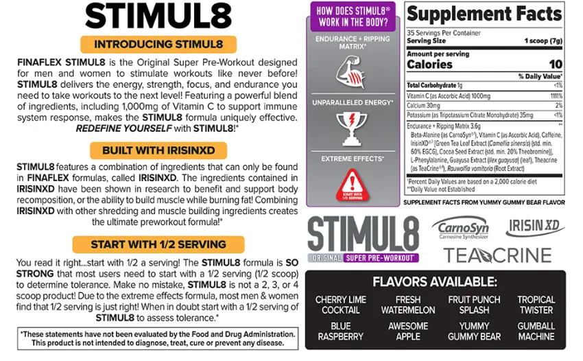 Stimul8, Original Super Pre-Workout with Vitamin C (35 Serving, Blue Raspberry) 35 Servings (Pack of 1) Blue Raspberry - Bottom