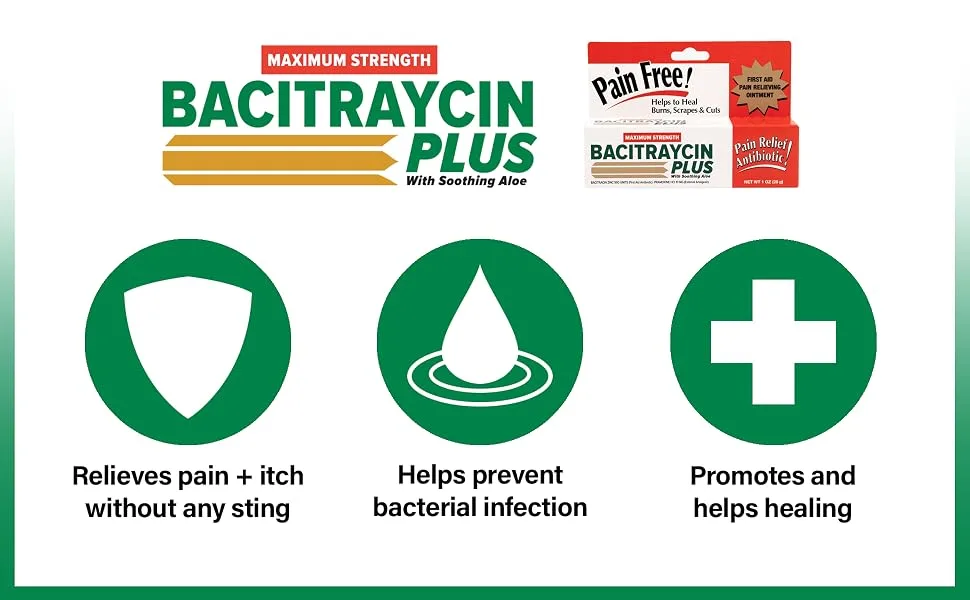 Bacitraycin Plus Max Strength First Aid Antibiotic Ointment Plus Pain Relief, with Moisturizing Aloe, 1oz, 2 Pack - Bacitraycin helps heal burns, scrapes and cuts
