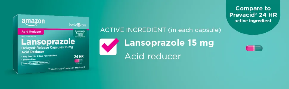 Amazon Basic Care Lansoprazole Delayed Release Capsules, Proton Pump Inhibitor, Treats Frequent Heartburn, Day or Night, 14 Count - Basic Care Acid Reducer Active Ingredient