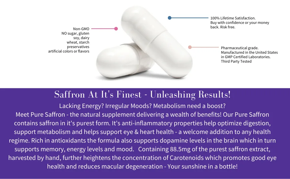 Saffron Supplements - 100% Pure Saffron Extract Capsules - Boost Energy & Mood, Support Eye & Heart Health - Pure Micronutrients - organic saffron capsules for eyes appetite pills for women