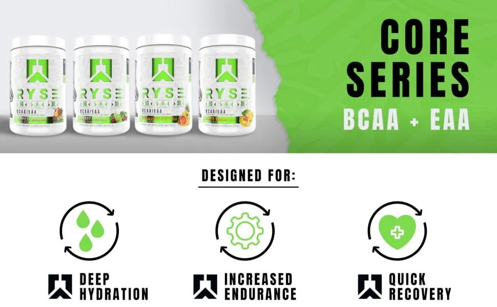 Ryse Core Series BCAA+EAA | Recover, Hydrate, and Build | with 5g Branched Chain Aminos and 3g Essential Aminos | 30 Servings (Strawberry Pineapple) - Ryse BCAA + EAA