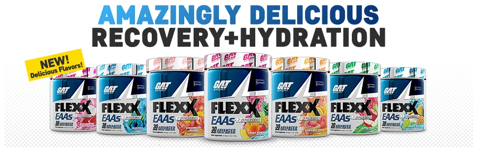 GAT Sport Flexx EAAs + Hydration, Essential Amino Acids with BCAAs, Blue Razz, 30 Servings - Recovery + Hydration