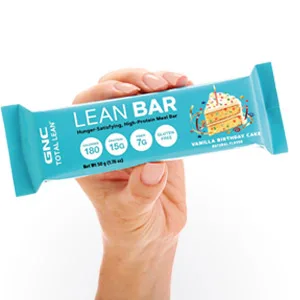 GNC Total Lean Bar | Hunger-Satisfying, High-Protein Meal Bar, Supports a Healthy Metabolism | Strawberry | 5 Bars Per Box - Lean Bar product being held in hand