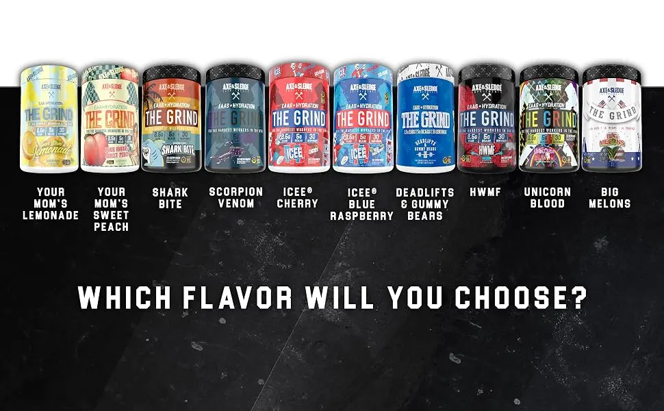 Axe & Sledge Supplements The Grind, Essential Amino Acids, Branched Chain Amino Acids & Electrolytes, Promotes Performance, Recovery, and Hydration, 30 Servings - The Grind Flavor Line-Up