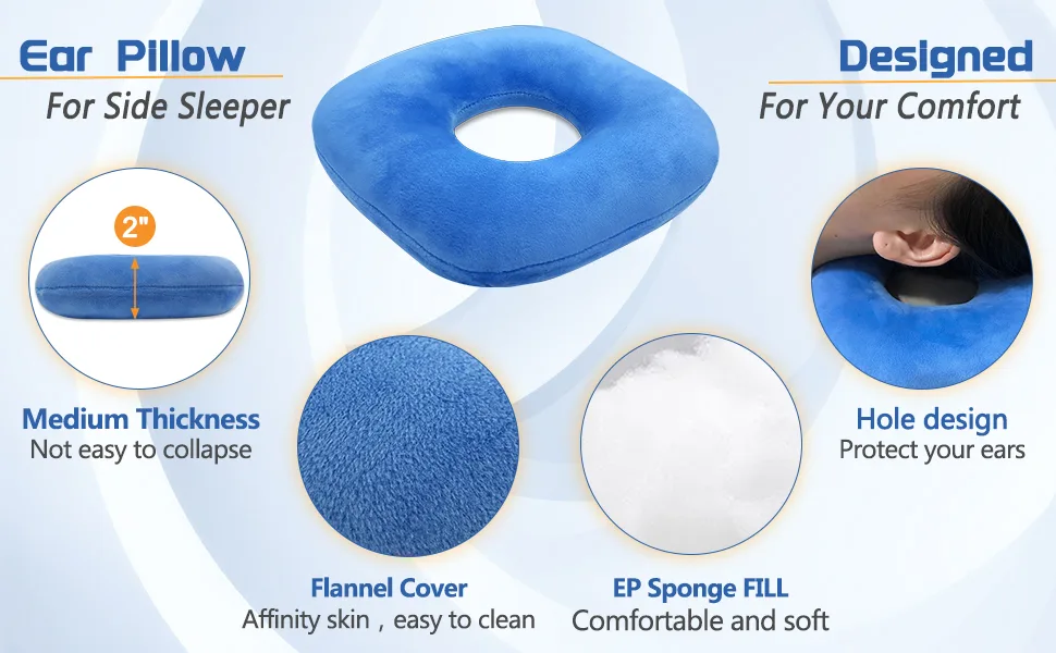 Ear Pillow Piercing Donut Side Pillow with A Hole-Ear Inflammation Pain Relief Protectors Ear Cushions for Sleeping Guard Bule - ear pillow