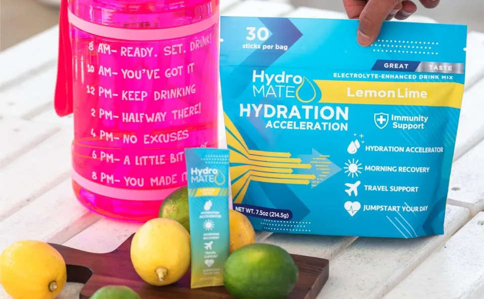 HydroMATE Electrolytes Powder Drink Mix Hydration Accelerator Low Sugar Hangover Party Recovery Vitamin C Lemon Lime 30 Sticks 30 Count (Pack of 1) - PEACH EBC3