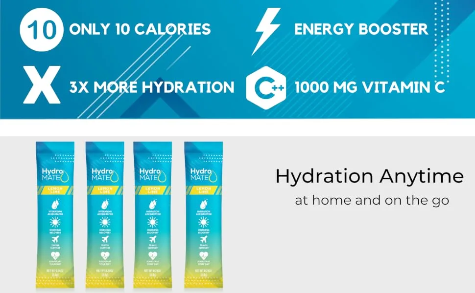 HydroMATE Electrolytes Powder Drink Mix Hydration Accelerator Low Sugar Hangover Party Recovery Vitamin C Lemon Lime 30 Sticks 30 Count (Pack of 1) - PeachEBC