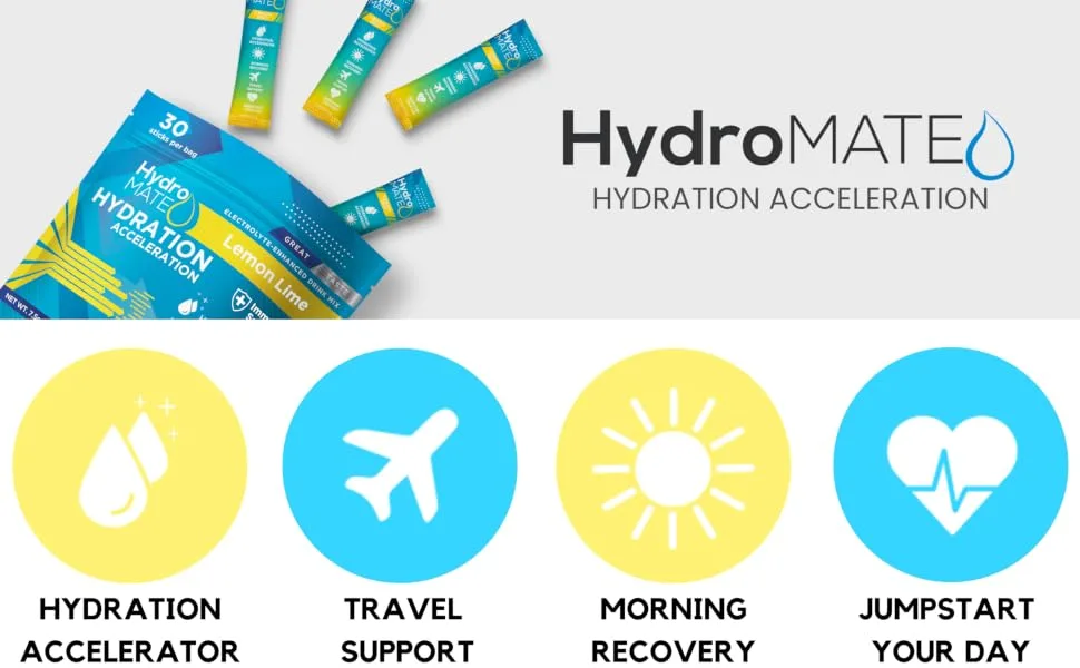 HydroMATE Electrolytes Powder Drink Mix Hydration Accelerator Low Sugar Hangover Party Recovery Vitamin C Lemon Lime 30 Sticks 30 Count (Pack of 1) - PeachEBC1