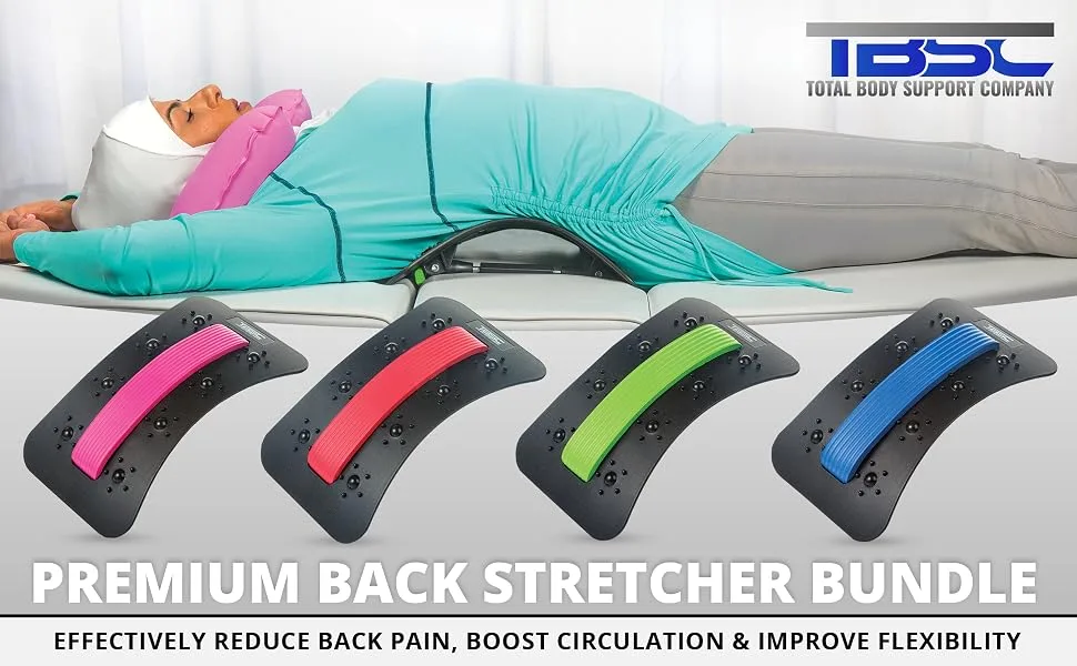 Back Cracking Device Stretcher for Lower Back Pain Relief, Back Cracker Board, Chiro Board - Back Stretching Device with Spiky Massage Ball, Inflatable Neck Pillow, Chair Straps & Carrying Bag – Red - Premium Back Stretcher Bundle