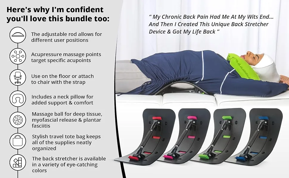 Back Cracking Device Stretcher for Lower Back Pain Relief, Back Cracker Board, Chiro Board - Back Stretching Device with Spiky Massage Ball, Inflatable Neck Pillow, Chair Straps & Carrying Bag – Red - Premium Back Stretcher Bundle